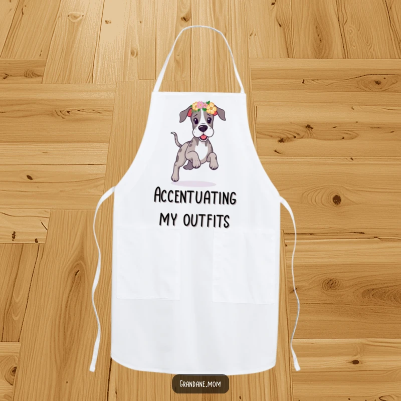 Funny Great Dane flower headband apron showing a playful dog prancing happily, adorned with a vibrant floral accessory.