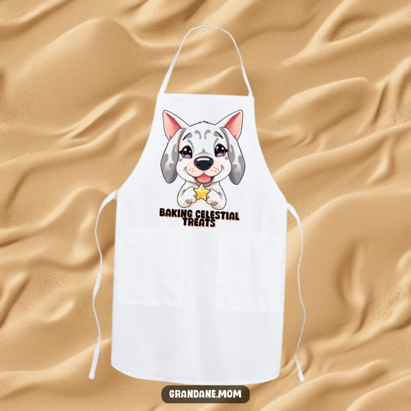 Funny Grand Dane apron, chef's wear with a happy dog holding a small, twinkling star, culinary humor.