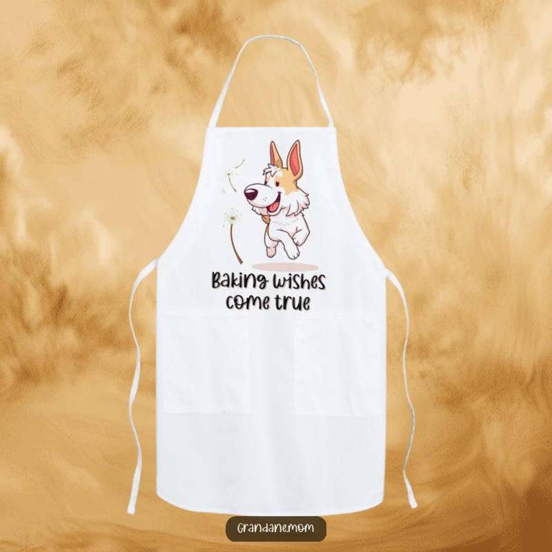 Funny Grand Dane Apron: A happy dog, dressed playfully, chasing a dandelion seed while preparing a meal with a smile.