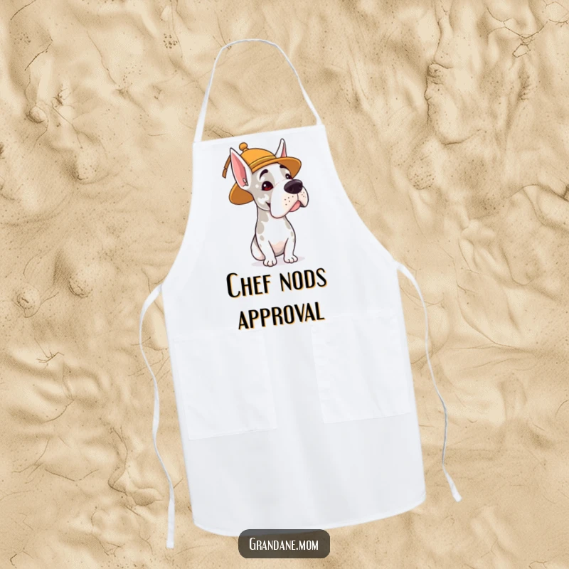 Funny kitchen apron with a Grand Dane wearing a whimsical hat, giving a gentle head nod, adding humor to cooking.