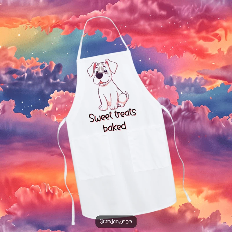 Funny kitchen apron with a Grand Dane featuring a sweet expression, happily curled up, perfect for relaxed cooking.