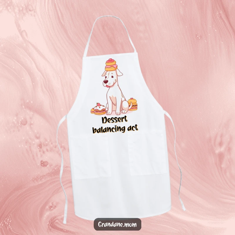 Funny Grand Dane apron showing a graceful dog balancing a stack of delicate pastries on its head, perfect for bakers.
