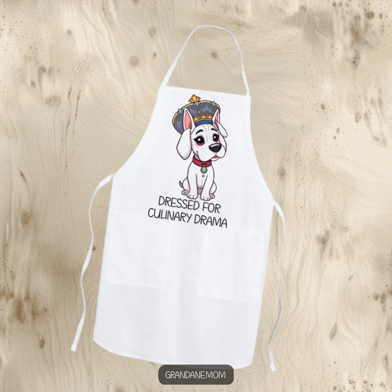 Funny Grand Dane apron, a dapper dog wearing a large ornate hat, ready to host a fancy dinner party.