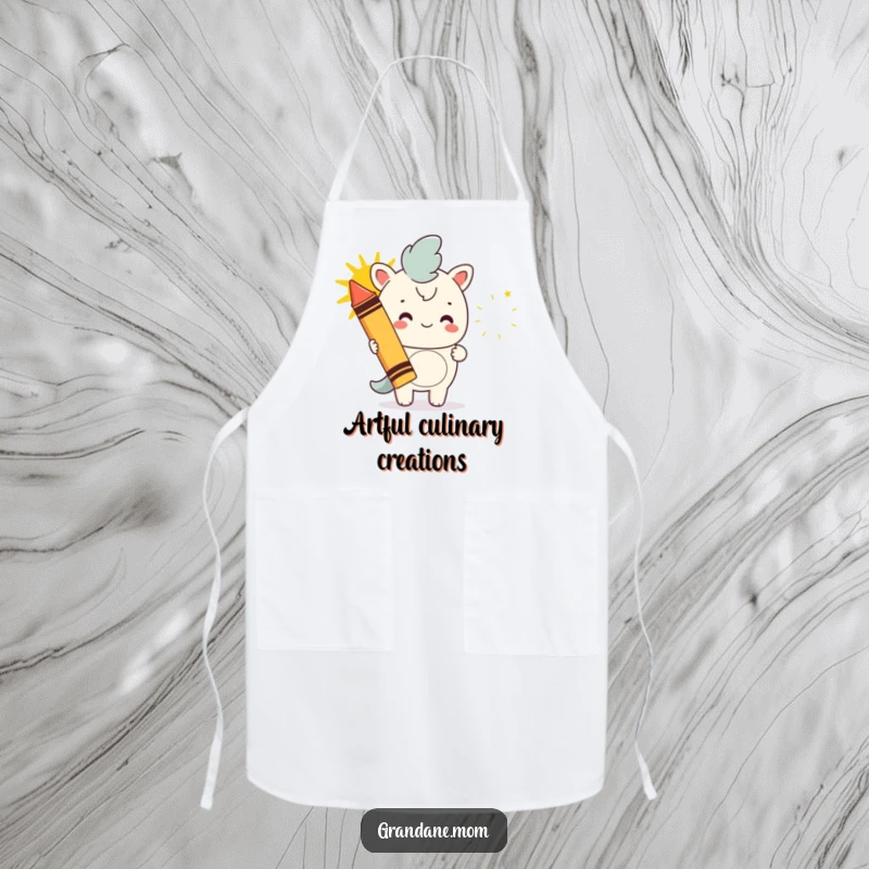 Funny daniff apron, a dog holding a giant crayon drawing a happy sun, perfect for messy creative sessions with a humorous touch.