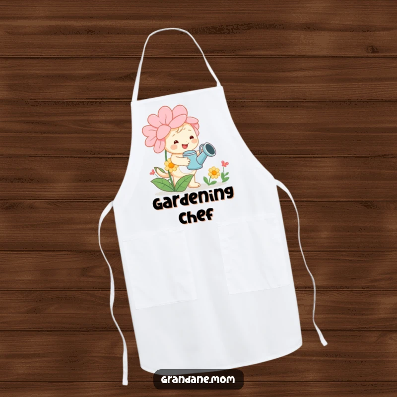 Funny daniff apron, a cheerful dog with a watering can tending a large flower, practical for gardening with a humorous floral touch.