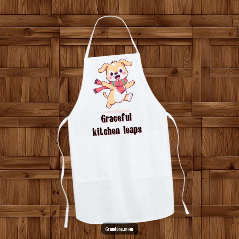 Funny daniff apron, a stylish dog in a scarf doing a playful leap, ready for kitchen fun, a humorous cooking accessory.