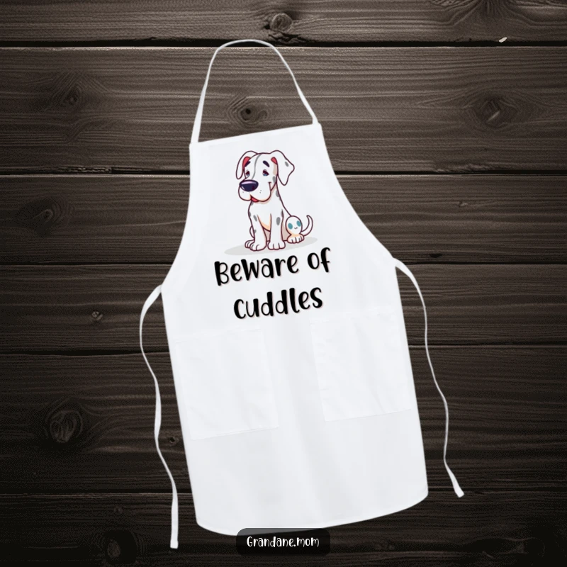 Funny Grand Dane apron showing a friendly dog leaning affectionately, keeping messes at bay with canine charm, ideal for cooks.
