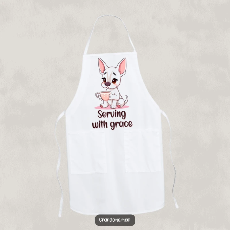 Funny Grand Dane Apron showing a sophisticated dog holding a teacup, perfect for inspiring culinary creations with a smile.