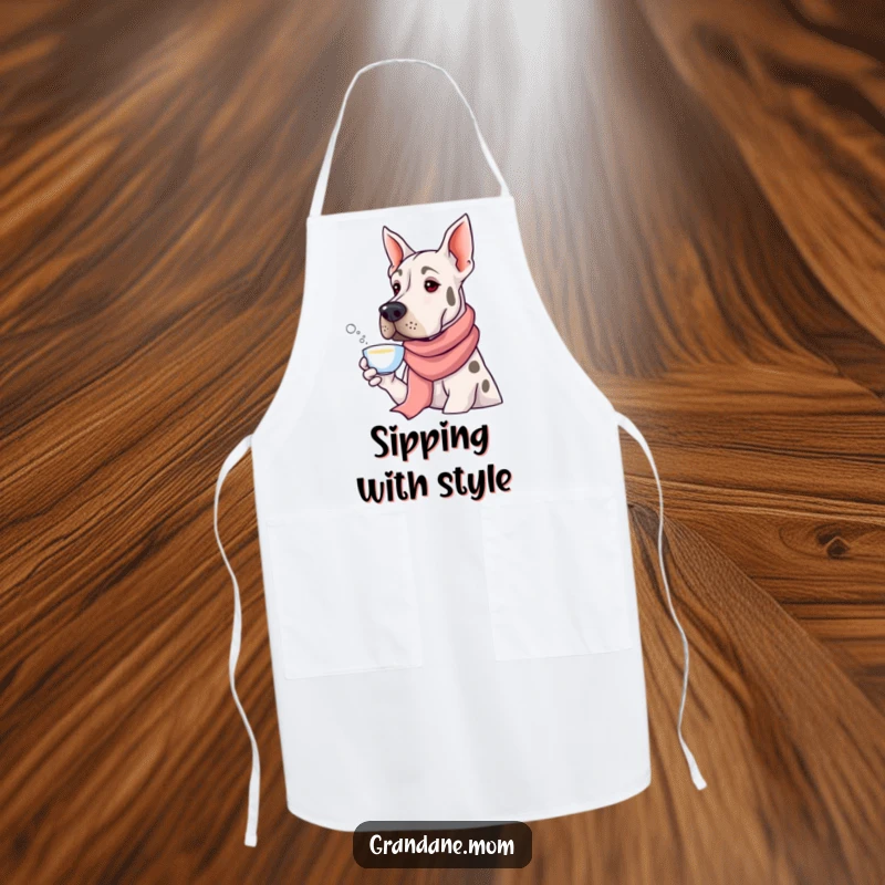 Funny Grand Dane in a long silk scarf sipping tea, depicted on a kitchen apron, bringing humorous elegance to cooking tasks.