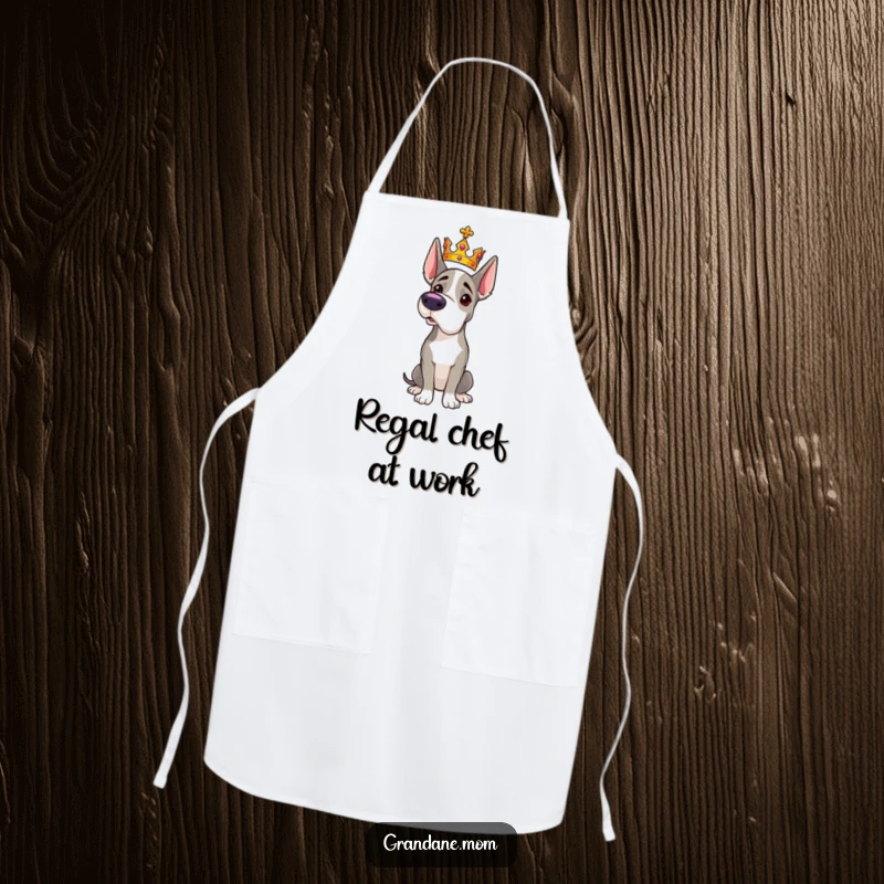 Funny Grand Dane apron featuring a majestic dog wearing a small crown and striking a regal pose, perfect for cooking.