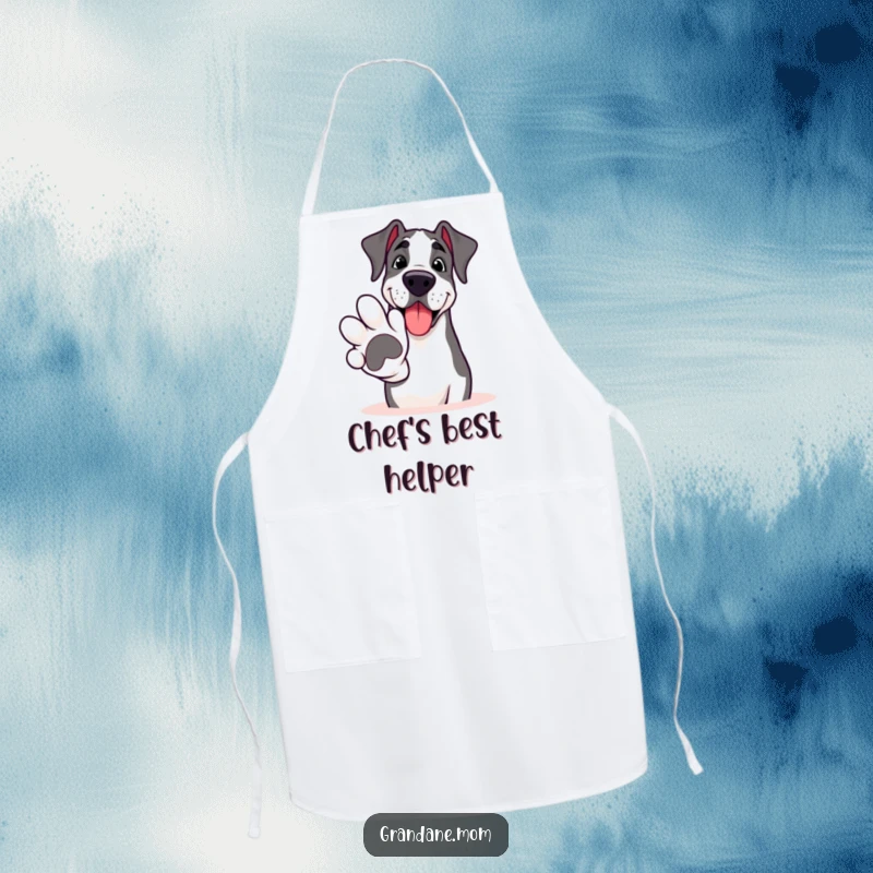 Funny Grand Dane apron, a smiling giant dog extending a large paw for a friendly greeting, perfect for kitchen tasks.