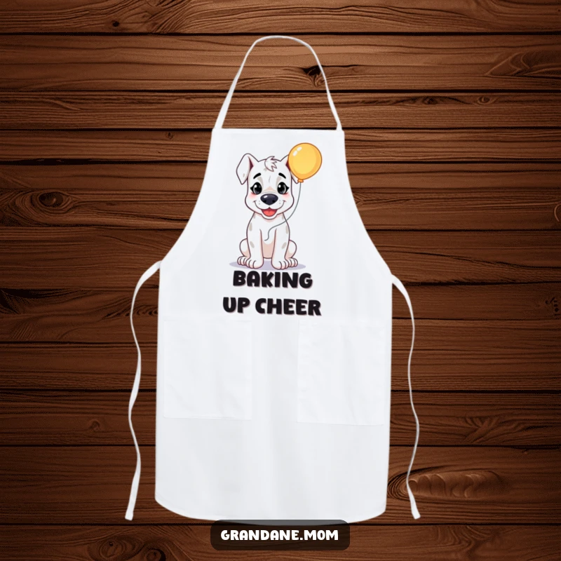 Funny Grand Dane Party Apron, a happy dog holding a bright balloon, ready for a celebration, a humorous kitchen gift.