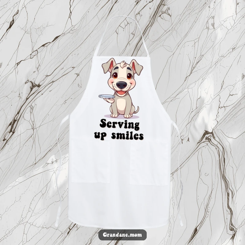 Funny Grand Dane apron featuring a happy dog balancing a small silver tray, perfect for kitchen service.