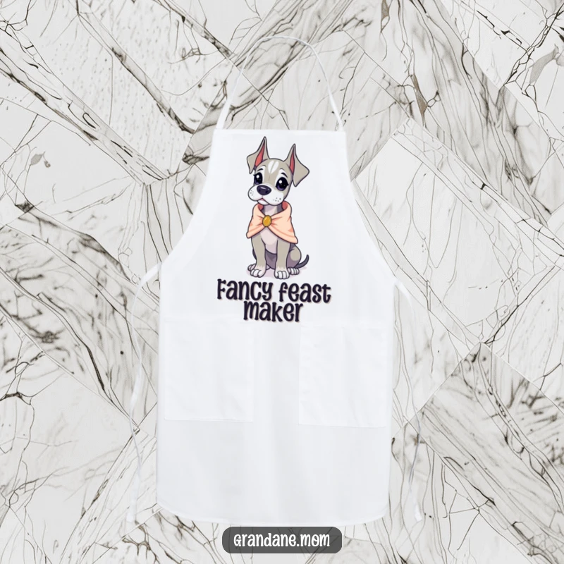 Funny Grand Dane wearing a tiny, elegant shawl, looking poised, a practical and humorous apron for the kitchen, funny gift.