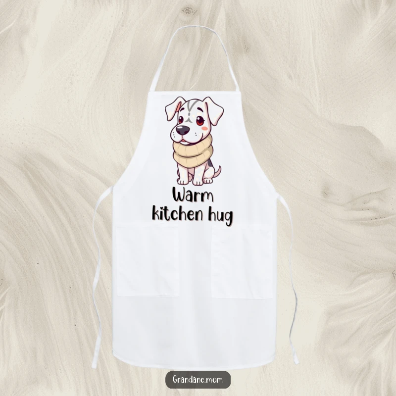 Funny Grand Dane Apron showing a dog wearing a cozy scarf, ready to cook and spread warmth.