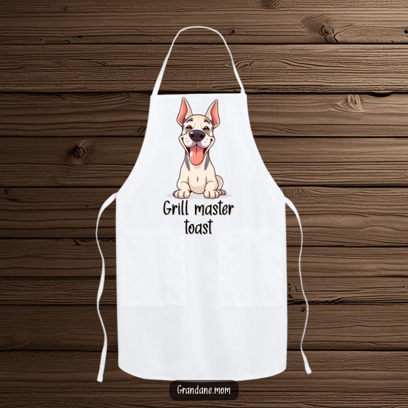 Funny Grand Dane apron featuring a happy, panting dog enjoying the sunshine, ideal for kitchen activities.