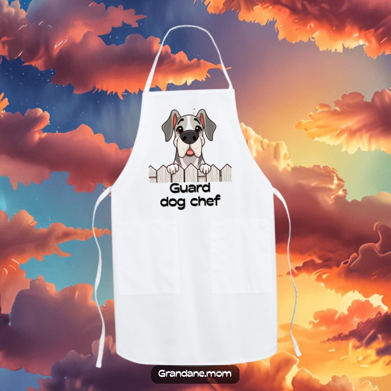 Funny Grand Dane apron, a delighted large dog peeking over a fence with a friendly gaze, perfect for kitchen watch.