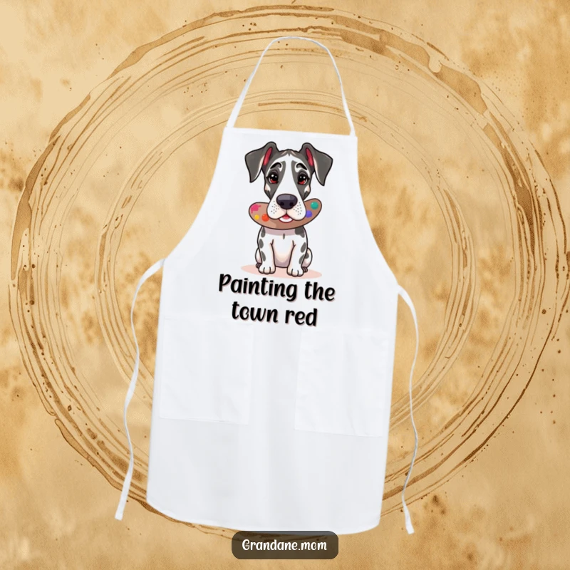 Funny Great Dane artist apron, featuring a dog with art supplies, practical for painting and as a gift.