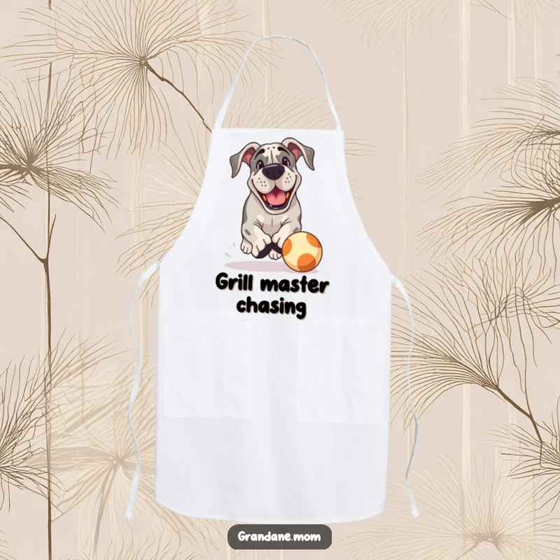Funny Grand Dane Apron: A Grand Dane with a playful grin chases a large ball, adding energetic and humorous charm to kitchen wear.