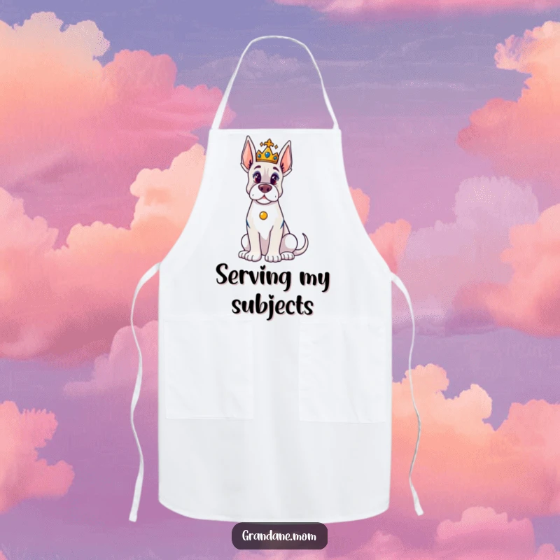 Funny Grand Dane Apron: A majestic Grand Dane crowned king presides over your cooking, making this apron a humorous kitchen essential.