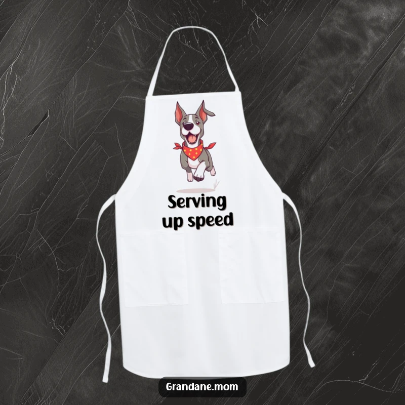 Funny Grand Dane apron for the kitchen, showing a dog in a bandana running with great energy and a playful attitude.