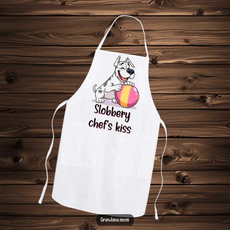 Funny Grand Dane apron, a happy dog playfully nudging a large ball, ready for kitchen fun and culinary chaos.