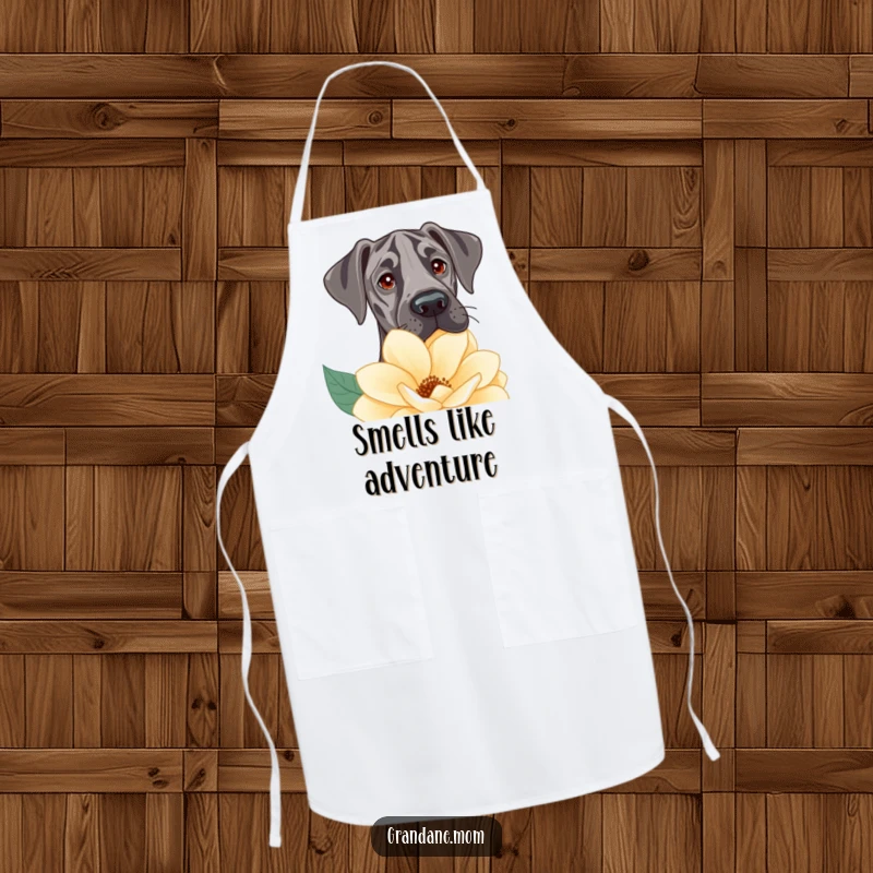 Funny Apron featuring a Great Dane curiously peeking over a large flower, perfect for gardening or cooking with a smile.