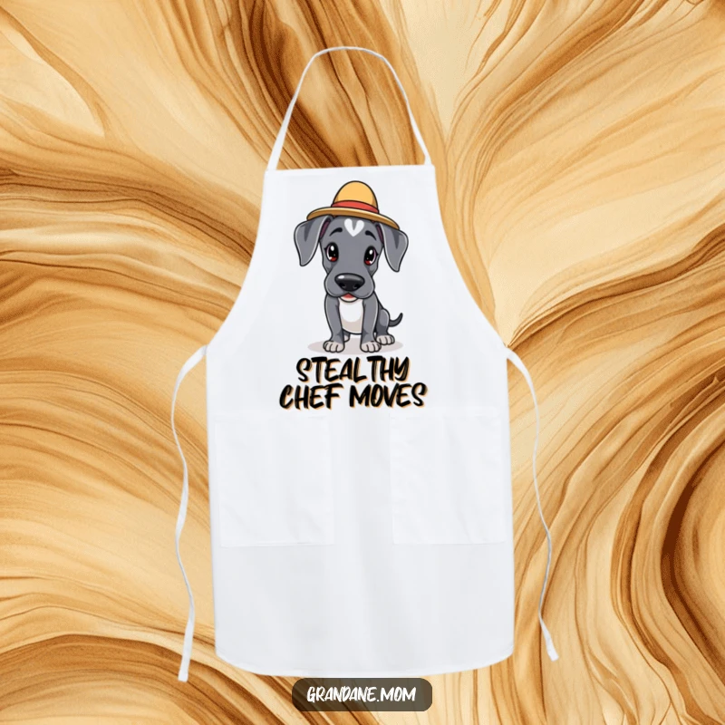 Funny Kawaii Great Dane apron: an adorable dog in an elegant hat is tiptoeing cautiously, protecting clothes with cute, stealthy flair.