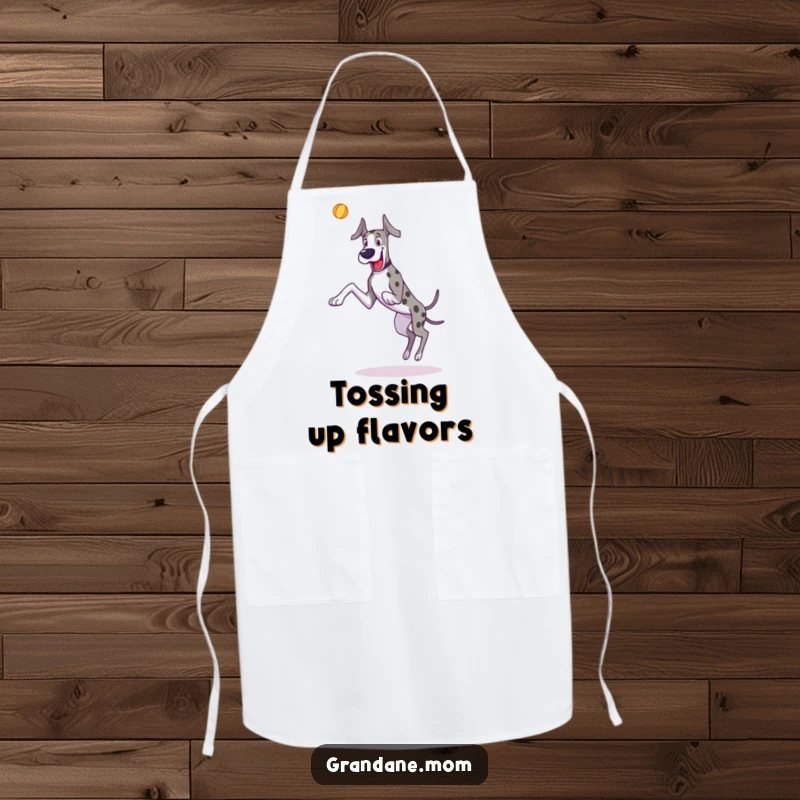 Funny Great Dane apron featuring a dog joyfully leaping for a toy, perfect for kitchen activities.