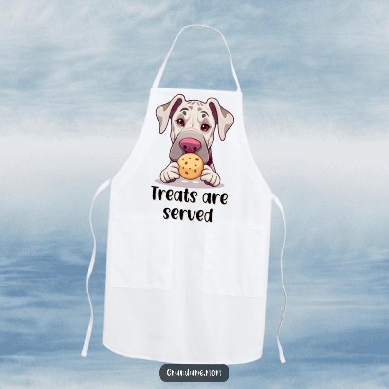 Funny Grand Dane apron, winking with a tea cookie, humorous kitchen accessory, great funny gift for cooks.