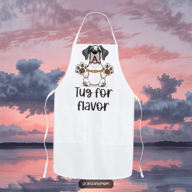 Funny Grand Dane apron showing a large dog with paws extended, ready for tug-of-war, ideal for kitchen fun.