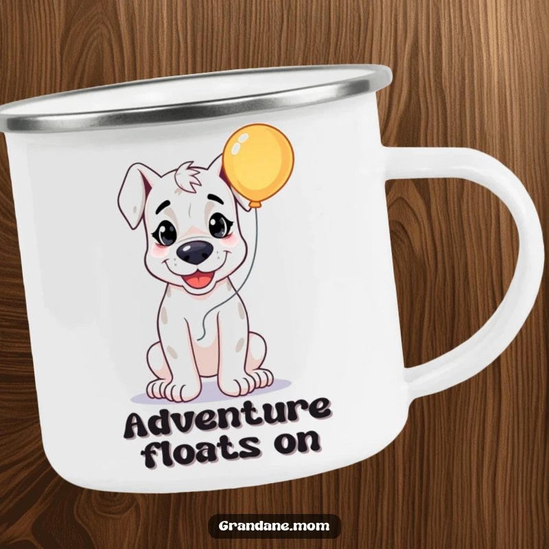 Funny Grand Dane Happy Camper Mug, a smiling dog holding a bright balloon, ready for adventure, a durable and humorous camping gift.