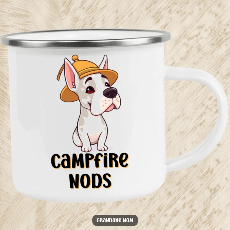 Funny camping mug featuring a Grand Dane wearing a whimsical hat and giving a gentle, humorous head nod.