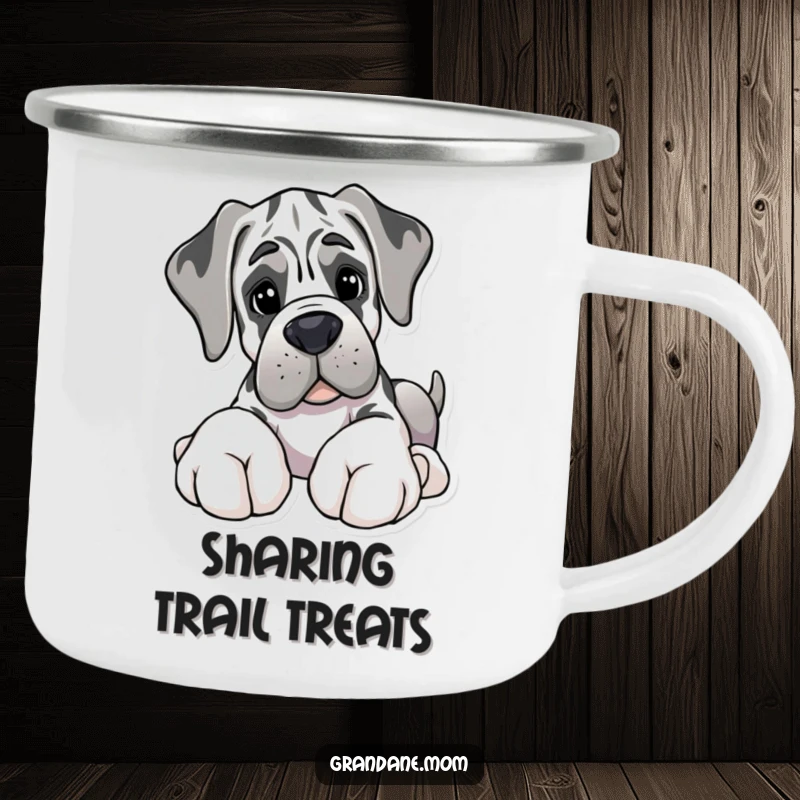 Funny camping mug featuring a Grand Dane with giant paws gently offering a soft toy during outdoor adventures.