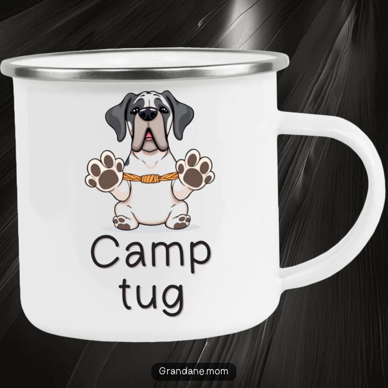 Funny Grand Dane camping mug featuring a large dog with paws extended, ready for tug-of-war, perfect for outdoor play.