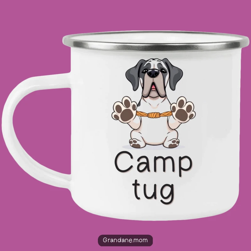 Funny Grand Dane Camping Mug: Tug-of-War Ready, Playful Outdoor Dog Gift