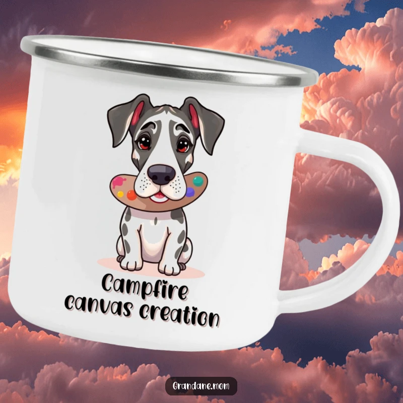 Funny Great Dane artist camping mug, rugged and portable, featuring a dog painting, great for outdoor gifts.