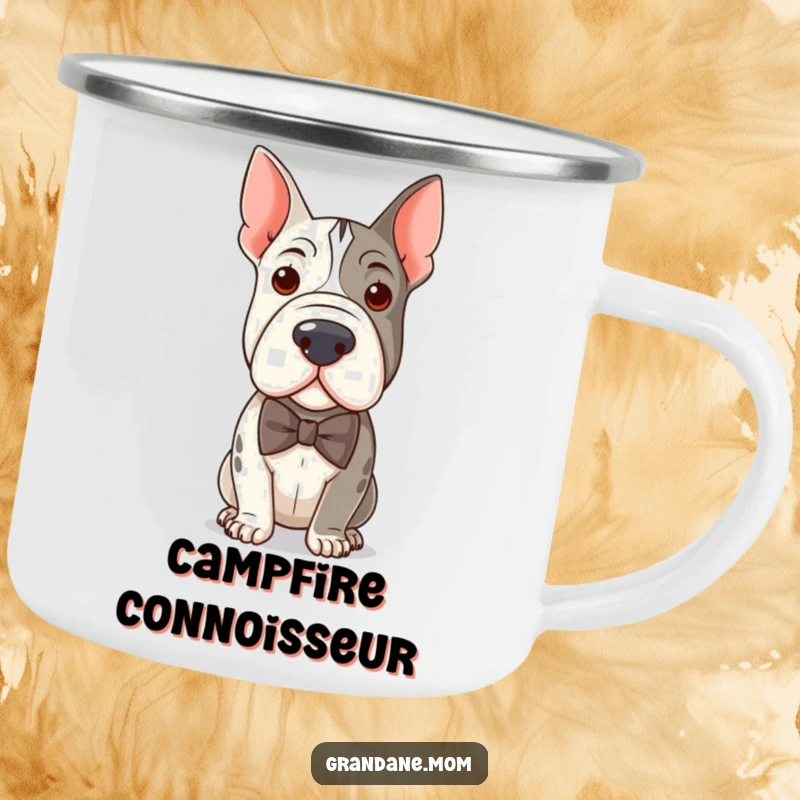 Funny camping mug featuring a distinguished Grand Dane in a bow tie, ready for outdoor adventures with witty charm.