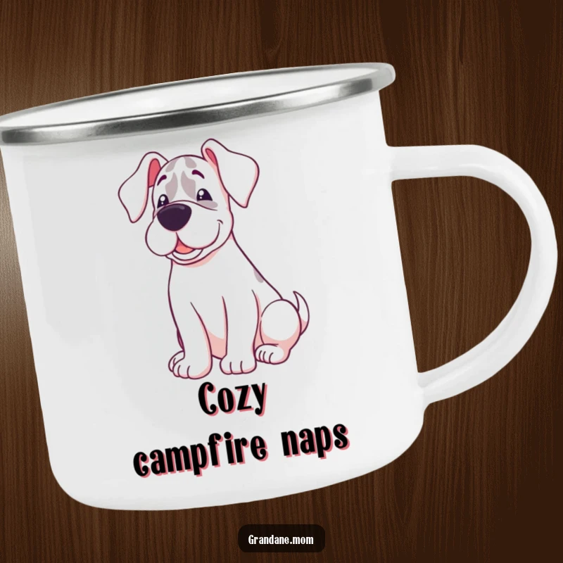 Funny camping mug featuring a Grand Dane with a sweet expression, happily curled up, perfect for relaxing outdoors.