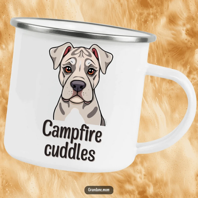 Funny Grand Dane Camping Mug: A soulful Grand Dane offers a gentle lick, making this mug a humorous and heartwarming outdoor companion.