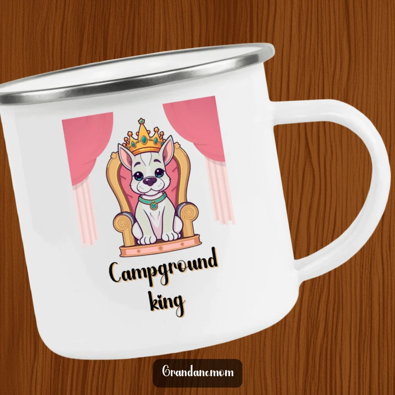 Funny Grand Dane King Camping Mug of a crowned Grand Dane dog sitting regally on a throne, enjoying the outdoors.