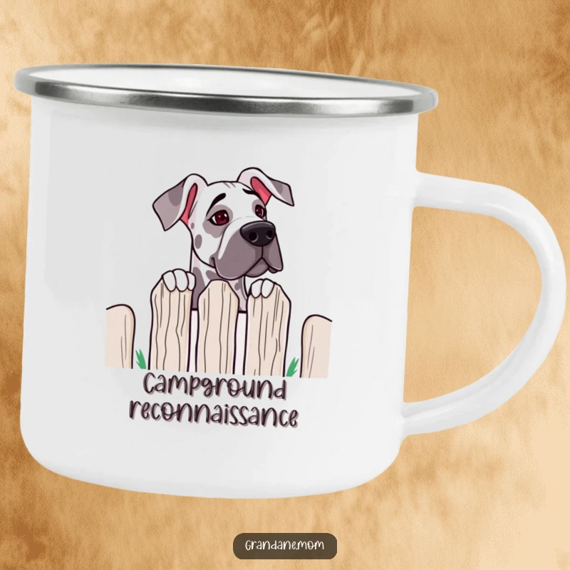 Funny Grand Dane Fence Peek Camping Mug: a durable mug featuring a big dog peeking over a fence; humorous for curious adventurers.
