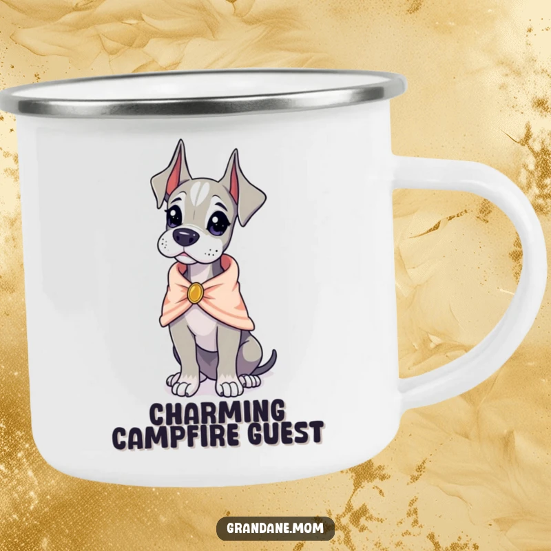Funny Grand Dane wearing a tiny, elegant shawl, looking poised, a durable camping mug for outdoor enjoyment, funny gift.