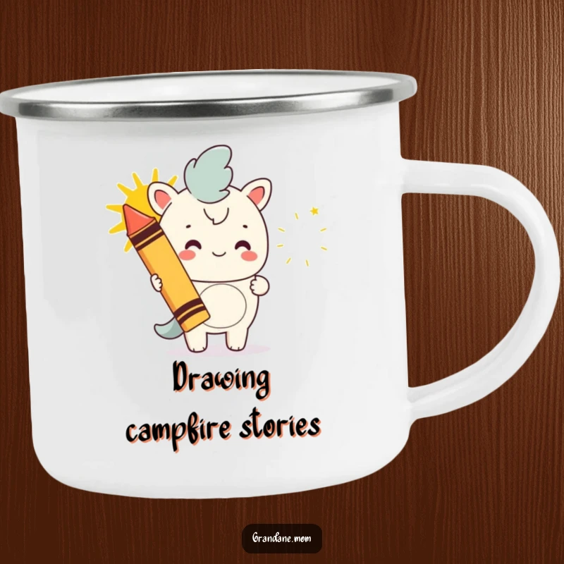 Funny daniff camping mug, a dog with a giant crayon drawing a happy sun, perfect for outdoor creative sessions, a humorous travel mug.