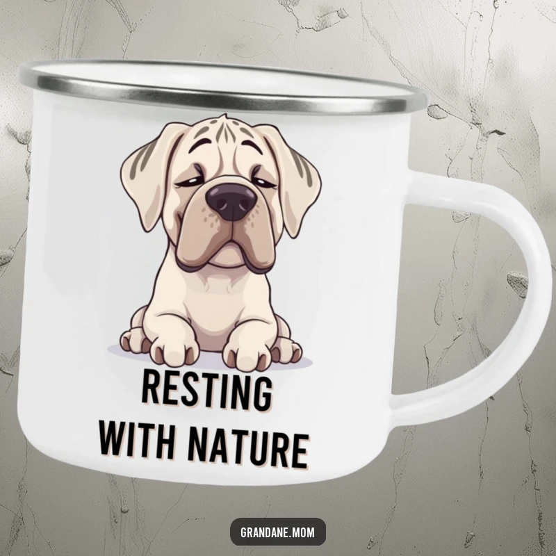 Funny Grand Dane camping mug showcasing a contented sighing dog, built for durability during outdoor adventures.