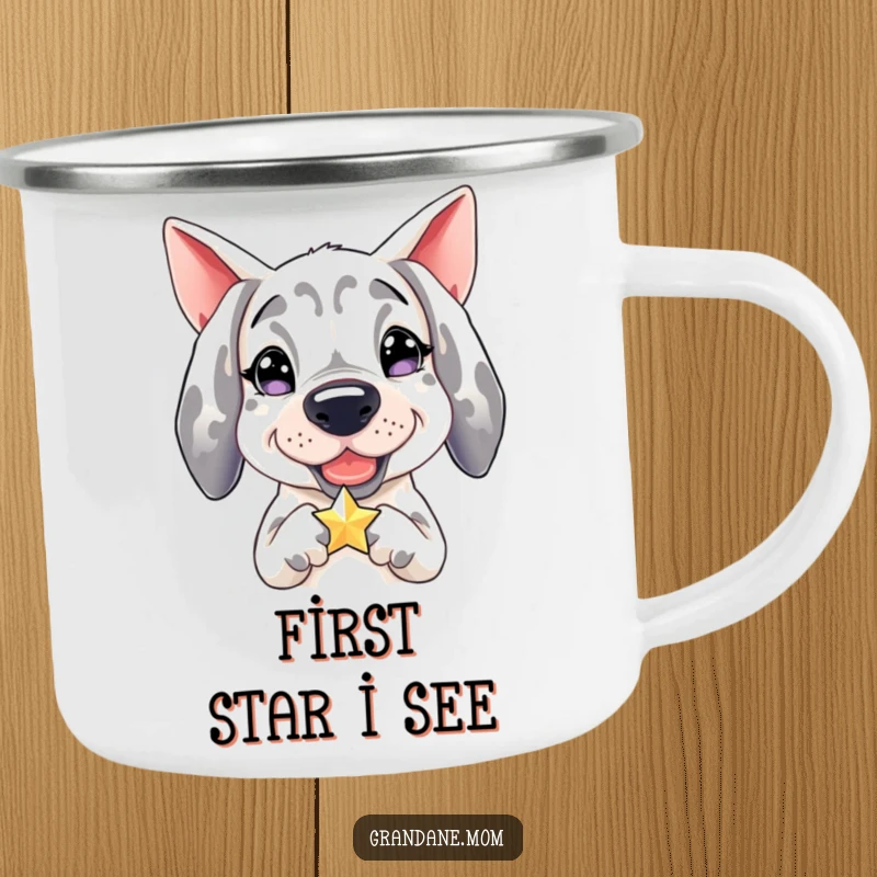 Funny Grand Dane camping mug, enamel cup with a happy dog holding a sparkling star, outdoor fun.