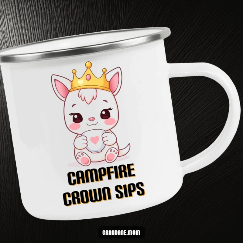Funny daniff camping mug with a happy pup wearing a tiny crown and holding a teacup, perfect for outdoor sipping.