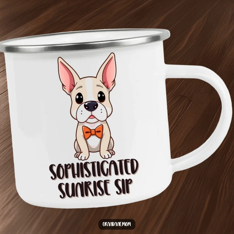 Funny Distinguished Dane Camping Mug: A distinguished Grand Dane wearing an elegant bow tie, ready for outdoor sophistication.