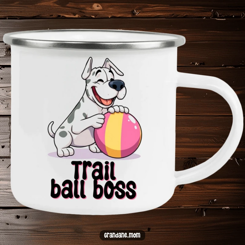 Funny Grand Dane camping mug, a happy dog about to nudge a large ball, perfect for outdoor enjoyment.