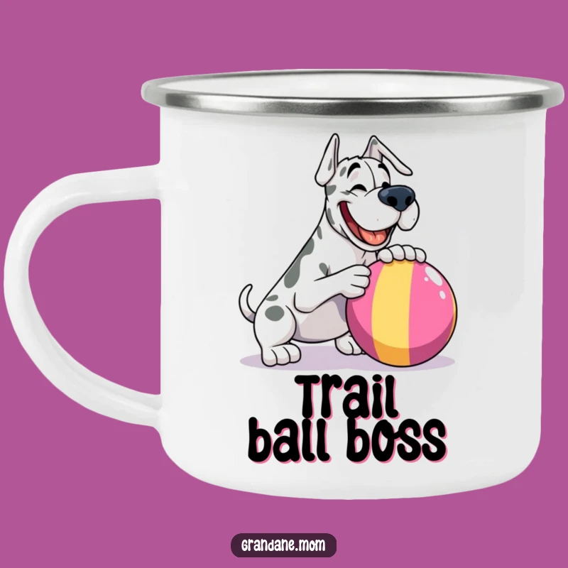 Funny Grand Dane Ball Play Enamel Mug: Outdoor Adventure Dog Gift